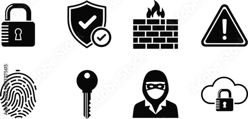 Cyber security icon set, black vector flat icons, data protection symbols, firewall, fingerprint, padlock, cloud security, hacker, safety warning sign
