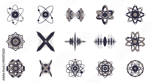 Abstract science and technology symbols atom and wave icons