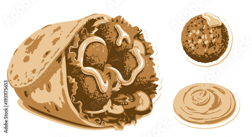 Appetizing falafel wrap with tahini sauce and individual falafel