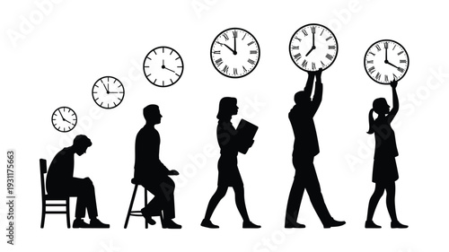 People silhouettes with clocks representing time management and productivity in business and daily life