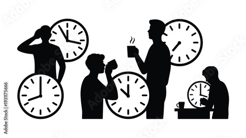 Silhouettes of people with clocks illustrating time management and daily routine stress
