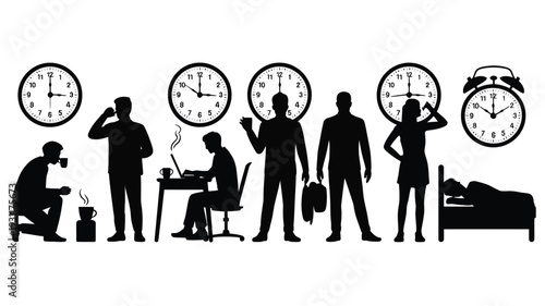 People silhouettes with clocks and alarm showing stress work life balance and daily routine concepts