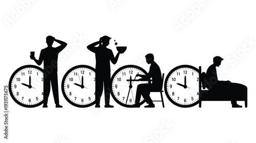 People silhouettes with clocks showing time passing stress and daily routine illustrating busy life and time management concept