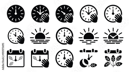 Collection of flat black vector silhouettes depicting clocks hands calendars and leaves on white background for time management and organization concepts