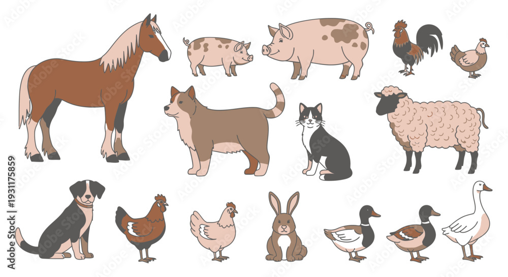 Obraz premium Collection of cute cartoon farm and domestic animals