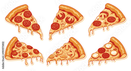 Cartoon pizza slices with melting cheese and various toppings