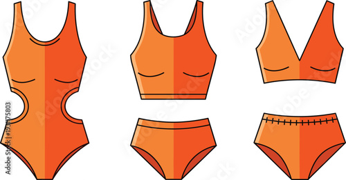Women's Swimwear and Bikini Vector Illustration Set with Orange One-Piece Swimsuit Sporty Crop Top and High Waisted Bikini Bottoms
