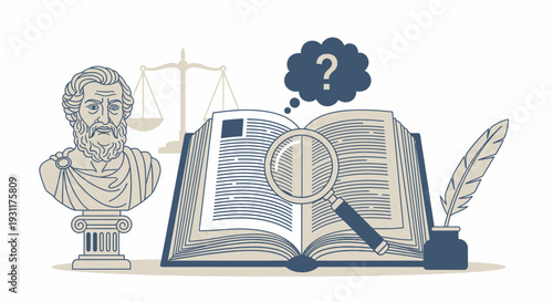 Classical philosopher, open book, magnifying glass, scales of justice