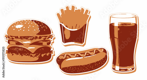 Classic fast food meal with burger, fries, hot dog, cola