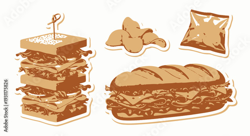 Classic sandwiches and chips, retro style illustration set