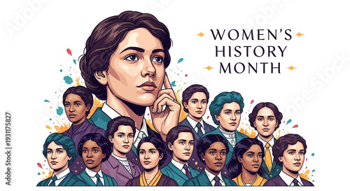 Illustration of a woman with a crowd of diverse women celebrating Women's History Month and Women's Empowerment Month in a vibrant and colorful design.