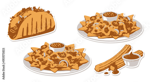 Classic Mexican food collection with taco, nachos and churros