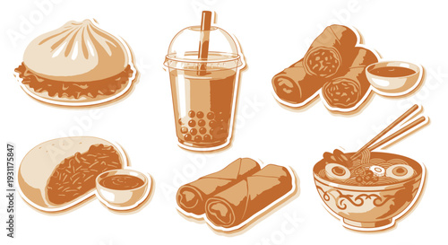 Collection of Asian cuisine illustrations including ramen, dumplings and bubble tea