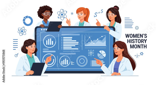 Illustration of diverse women in lab coats analyzing data on a large computer screen for Women's History Month with a modern design