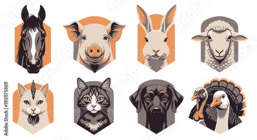 Collection of diverse farm animal and domestic pet head illustrations