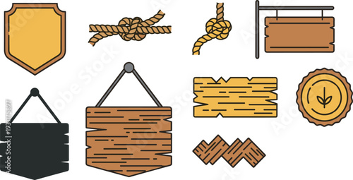 Wooden Sign and Rope Vector Illustration Set with Hanging Blank Timber Planks Knotted Ropes Shield Emblems and Round Natural Wood Grain Labels