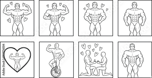 Muscular male bodybuilder line art set featuring competition poses heart symbols a man on a unicycle and a romantic marriage proposal for fitness and lifestyle