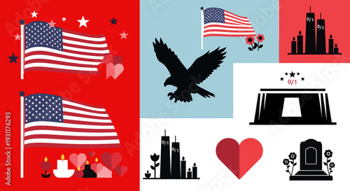 Patriotic american symbols with flags eagle and hearts on transparent background silhouette