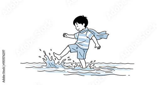 Boy playfully kicking water splashes a charming illustration on transparent background silhouette