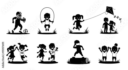 Children playing various sports and games a black silhouette on transparent background