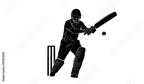 Cricket Batsman in Action Front View Silhouette Vector