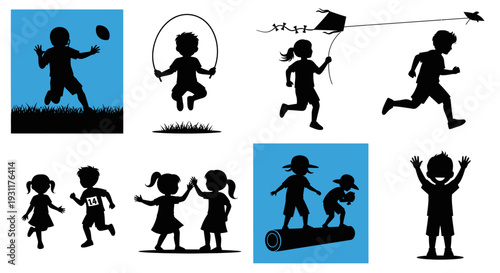 Children playing with toys and games on transparent background silhouette