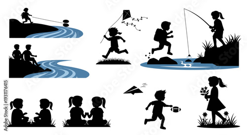 Children enjoying outdoor activities with nature a delightful silhouette on transparent background