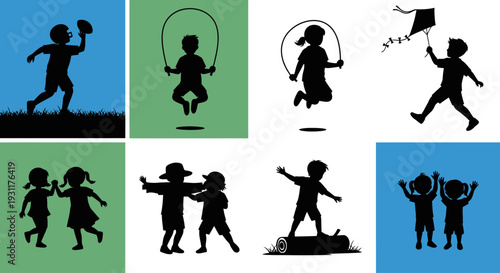 Children playing with toys and jump ropes a delightful silhouette on transparent background