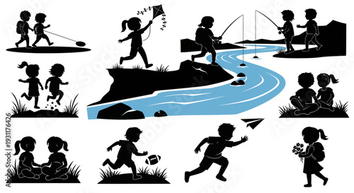 Children enjoying outdoor activities in a playful scene silhouette on transparent background