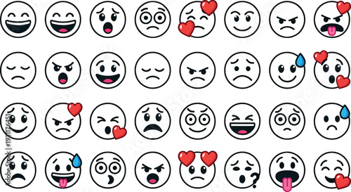 Set of outline emoji icons with various expressions