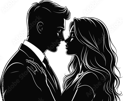 Romantic couple silhouette of a man in a suit and a woman with long hair, intimate moment, wedding anniversary