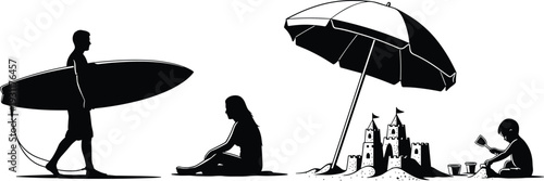Beach silhouette illustration, surfboard walking, child playing sand, umbrella shading sandcastle, summer vacation icon, coastal leisure art, family outdoor activity