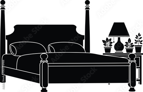 Bedroom silhouette illustration, four poster bed, nightstand with lamp, potted plants decor, cozy interior design, furniture icon, home decor art