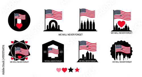 American flags with patriotic designs and text on transparent background silhouette