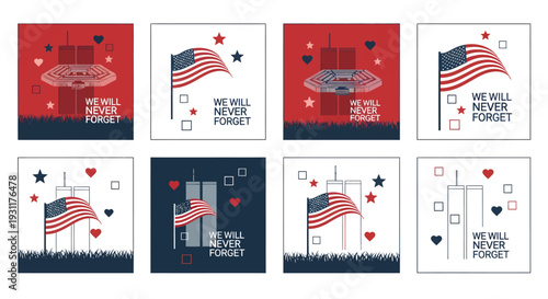 Patriotic memorial designs with flags hearts and stars on transparent background silhouette