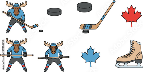 Ice Hockey and Moose Character Vector Illustration Set with Moose Athlete Holding Hockey Stick Puck Ice Skates and Canada Maple Leaf Icons