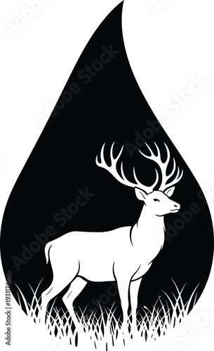 White deer buck silhouette inside black water drop shape vector, forest wildlife animal with antlers in meadow, nature conservation and environmental protection concept