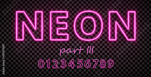 Pink font made with led neon tube isolated on transparent background. Part 3. Light glowing effect numbers. Detailed vector illustration