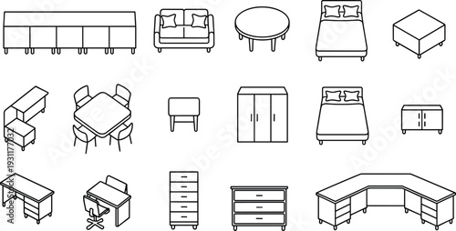Furniture line icon set featuring sofa, bed, desk, table, cabinet, and office furnishings, perfect for interior design projects, home planning, workspace layouts, and modern living concepts.