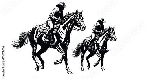 Black and White Illustration of Two Cowboys Riding Horses in the Wild West Representing American Heritage Ranch Life Equestrian Sport and Western Adventure Silhouette