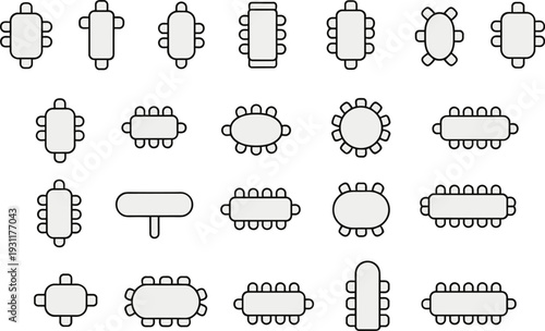 Top view conference and meeting table layout icons set, various boardroom seating arrangements and desk shapes for office planning, interior design, workspace organization, and collaboration concepts
