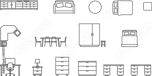 Top view home and office furniture icon set including sofa, bed, wardrobe, desk, cabinets and dining table layouts for interior design and space planning projects