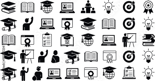 Set of 36 education icons on transparent background