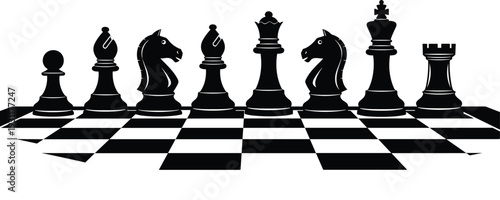 Black and white silhouette of chess pieces including king queen and knight on checkered board for strategy and leadership concept,