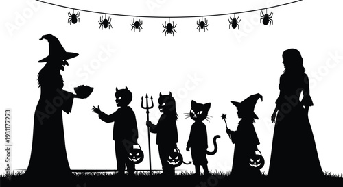 Black and white silhouette of children in costumes trick or treating at a witch's house under a spider web banner.