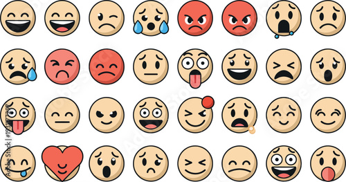 Set of 36 colorful emoticons on transparent background