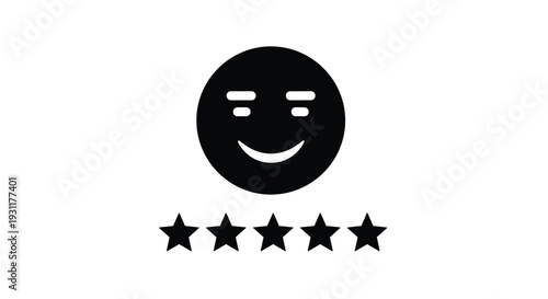 Black and white vector icon of a happy smiling face with five stars representing high customer satisfaction and positive feedback.