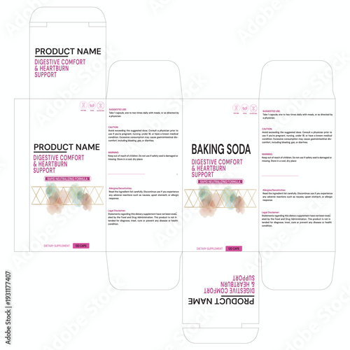 Medical dietary supplement box packaging design template. Vector illustration of a medicine carton with supplement facts, suggested use, and caution labels for digestive health products.