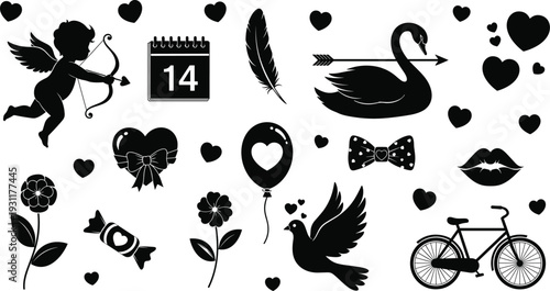 Black and white vector icon set for Valentine’s Day featuring Cupid, swan, calendar, hearts, dove, flowers, and romantic holiday elements.