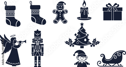 Black and white vector icon set of Christmas silhouettes featuring a gingerbread man, nutcracker, angel, tree, stockings, and holiday gifts.